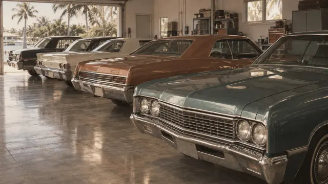 Illustration: a row of classic cars in a private garage