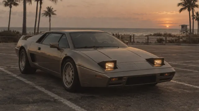 Illustration: a generic 1990s wedge sports car at a beachfront lot