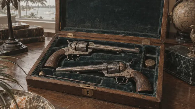 Illustration: two antique revolvers in a presentation case