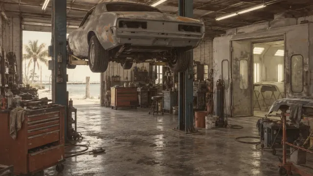 Illustration: a car on a lift in a small custom garage