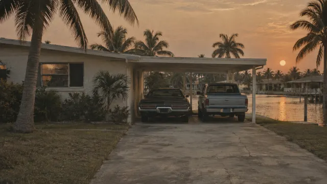 Illustration: two vehicles under a waterfront carport at dusk