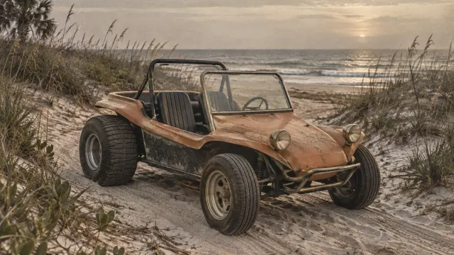 Illustration: a 1960s-style dune buggy on a beach track