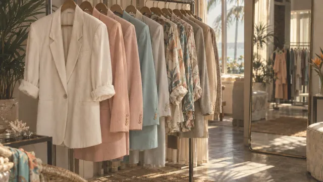 Illustration: a rail of pastel 1980s suits in a boutique