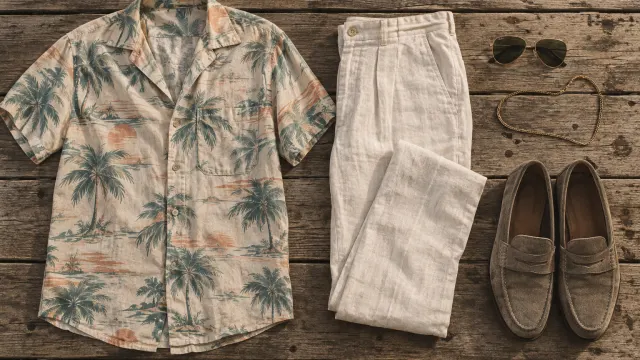 Illustration: 1980s beachwear laid out like case-file evidence