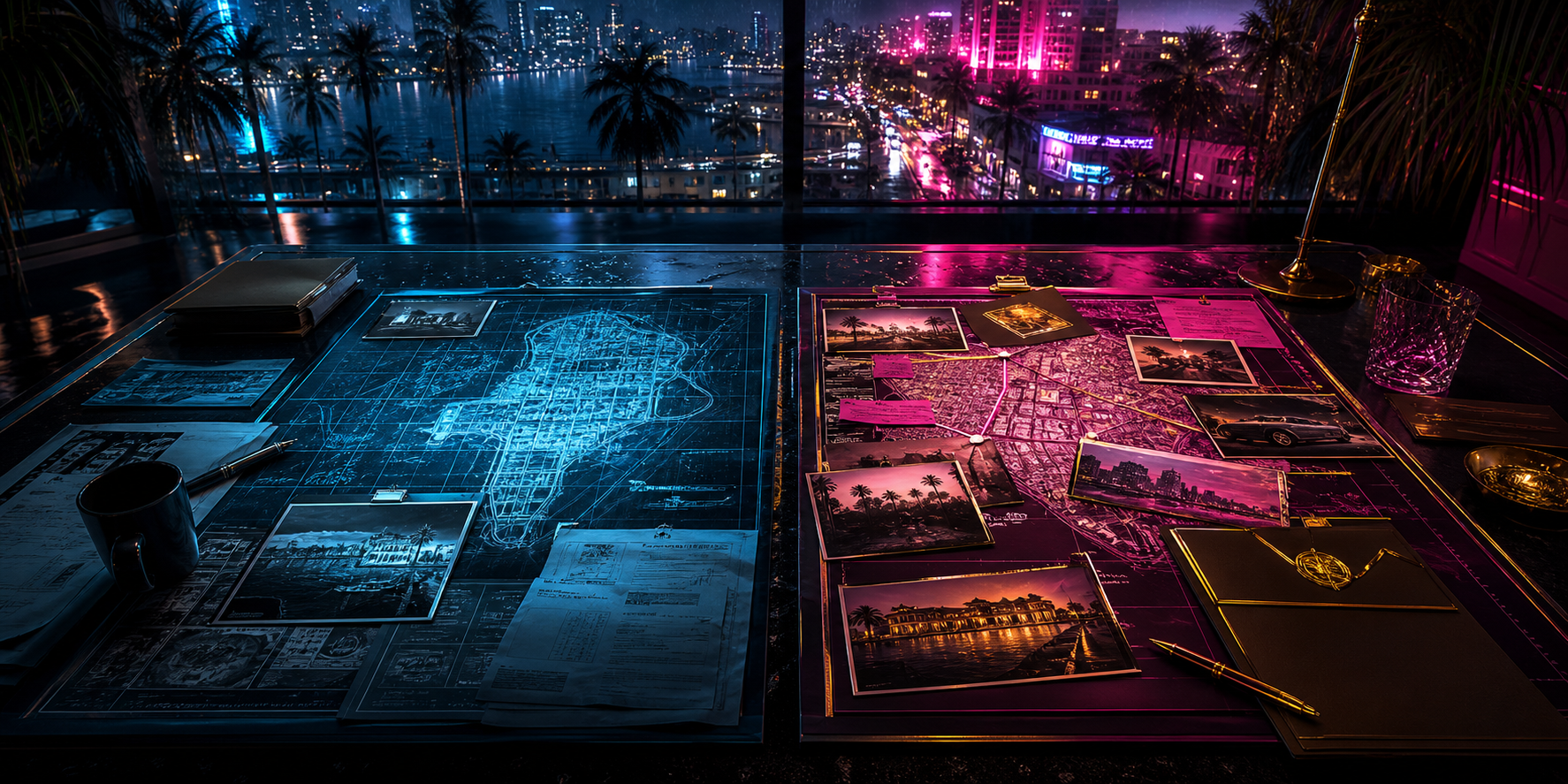 Neon planning table split between cool blueprint and premium magenta dossier themes