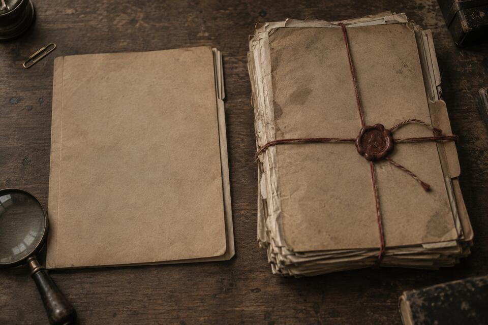 Two manila case folders on a desk, one slim and one thick folder tied with red string