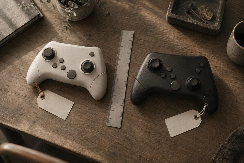 A white and a black unbranded game controller laid side by side with evidence tags