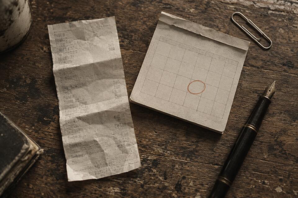 Desk still life with a folded receipt, a pen and a calendar page with one date circled