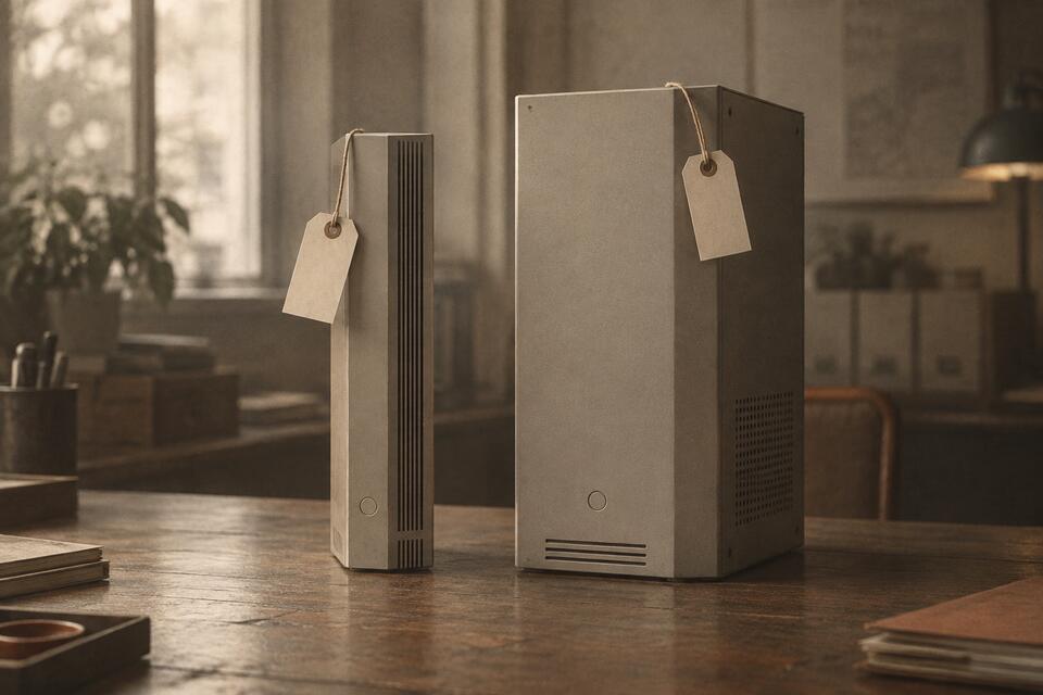 Two unbranded electronic towers, one slim and one larger, tagged like evidence