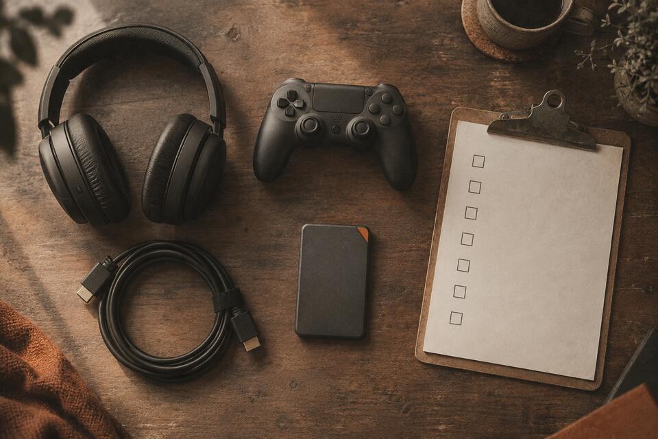 Flat lay of headphones, a controller, a cable, an external drive and a blank checklist