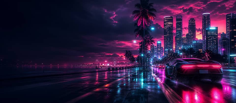 Neon rainy city street with a fictional sports car