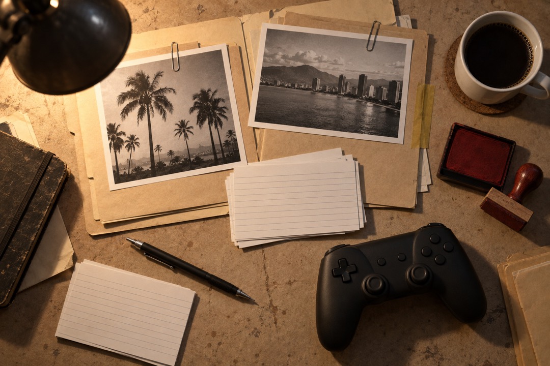 Planning desk with case folders, photo prints of palm trees and a skyline, index cards, and a game controller