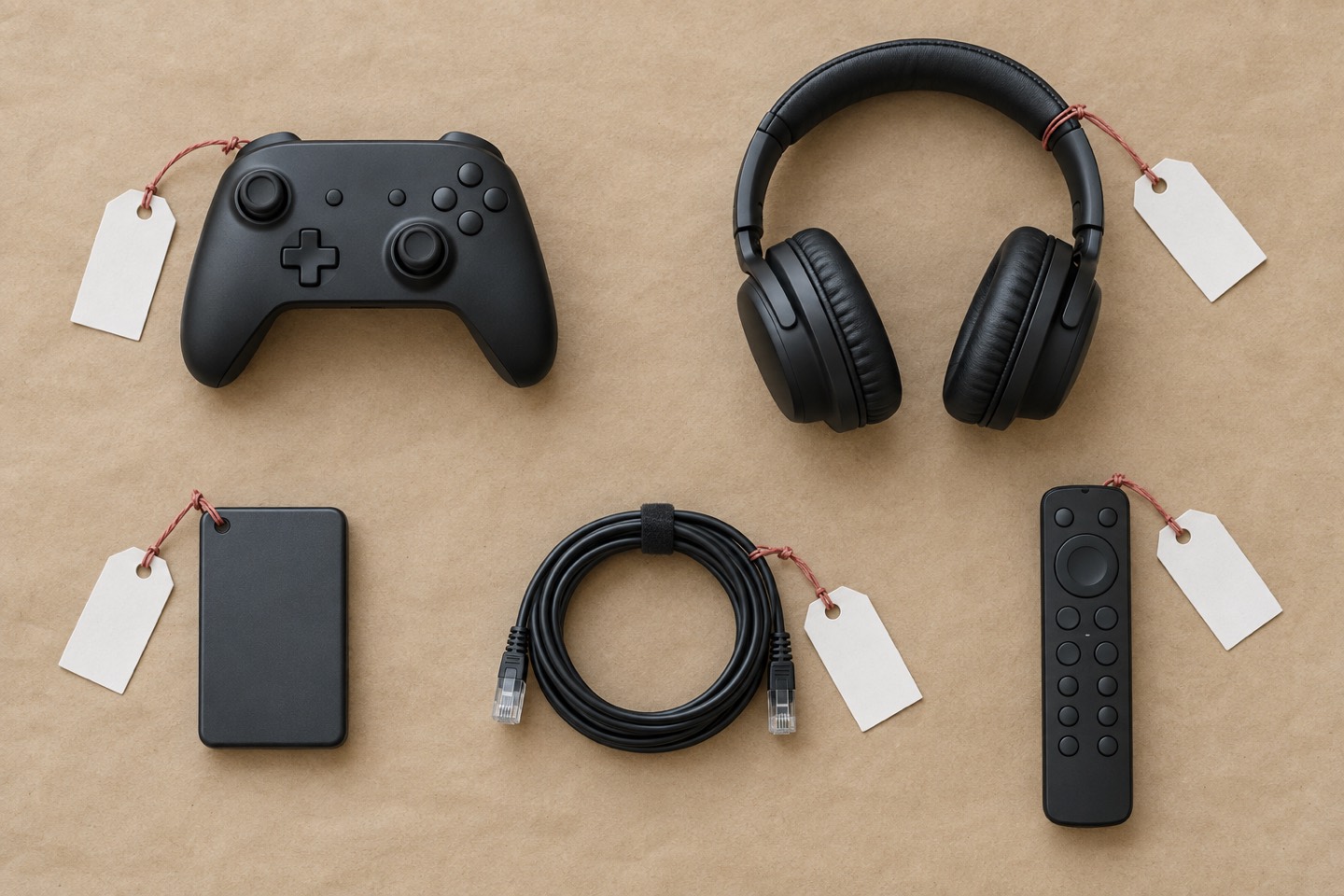 Controller, headphones, external drive, ethernet cable, and TV remote laid out with blank tags