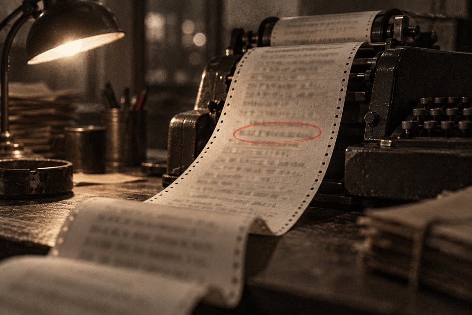 Teleprinter paper spilling across a desk under a lamp, one blurred line circled in red